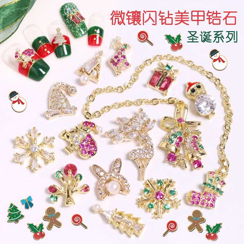 Gold Zircon Metal 3D Nail Art Diamonds Christmas Decorations Charms Reindeer Snowman Rhinestones Nail Accessories Jewelry Xmas
