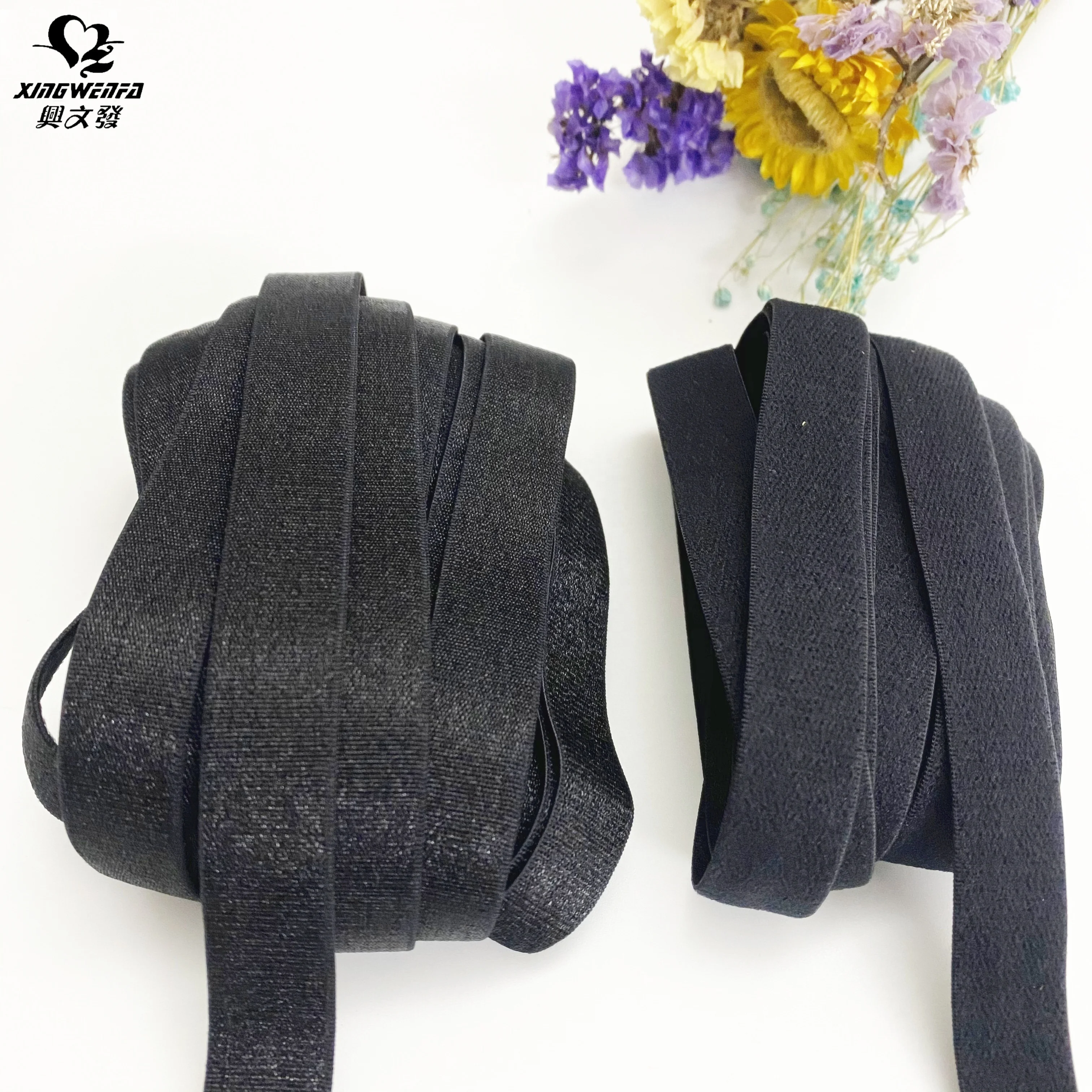 Good quality 15mm nylon elastic black velvet back  bra flat strap black high quality nylon elastic bra strap