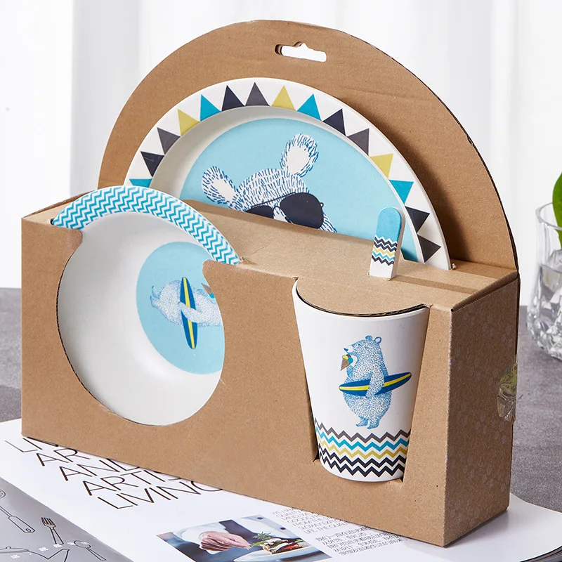 Recycled Plastic rPET Kids Dinnerware Set Includes Plate, Bowl, Tumbler and Utensil Tableware 5 Piece Set, Non-BPA