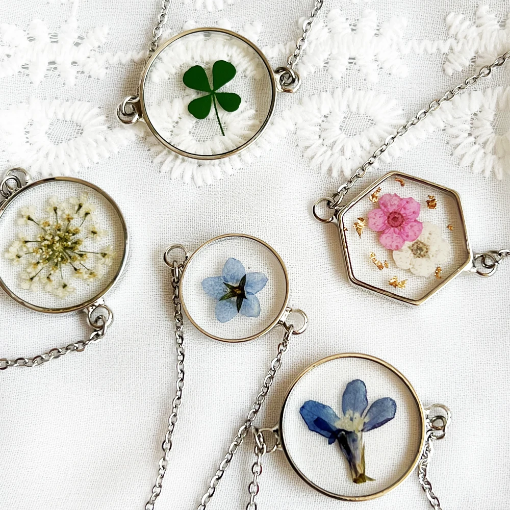 Handmade fancy design simple dainty silver chain blue flower lobelia resin coin silver minimalist necklace