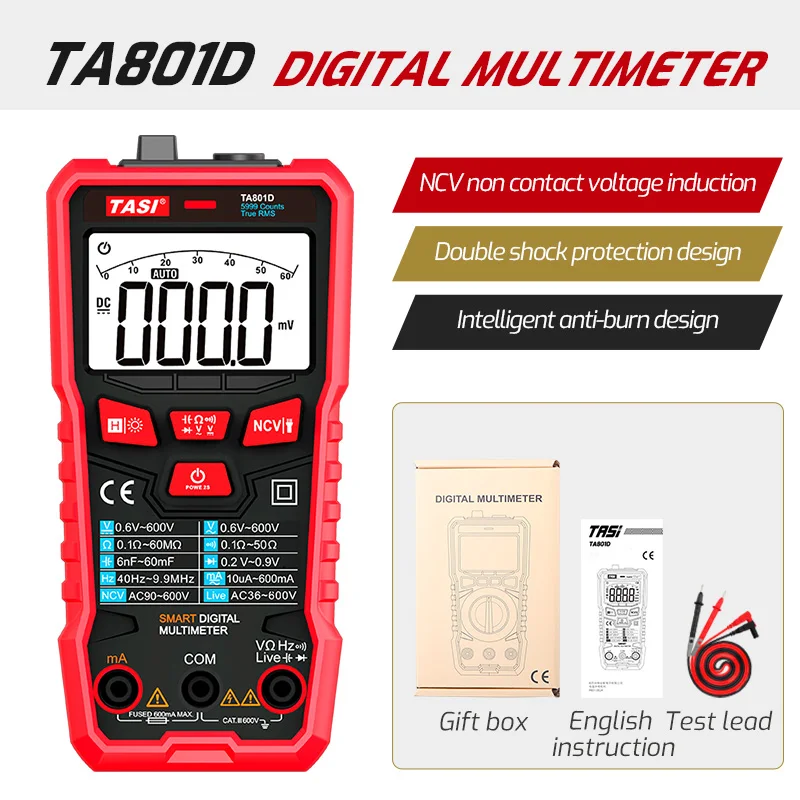  TASI TA801D мультиметр Цифровые Смарт-мультиметр Ture измерения среднеквадратичного значения переменного тока DC 600V 600mA бесконтактная проверка напряжения Авто Диапазон Ом Гц диода 5999