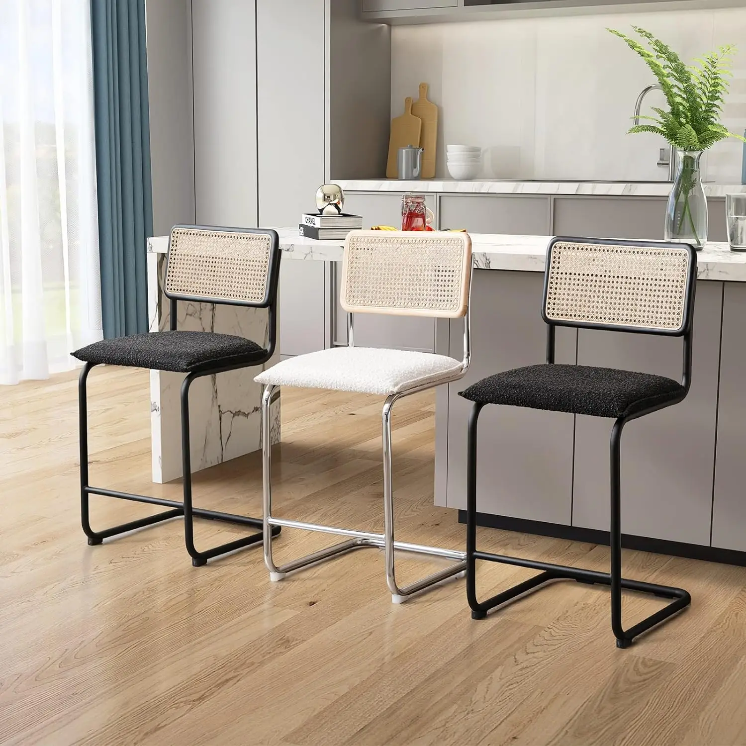 Factory Price Woven Cane Backrest Boucle Fabric Cushion Counter High Bar Stool Chair with Chrome Metal Legs