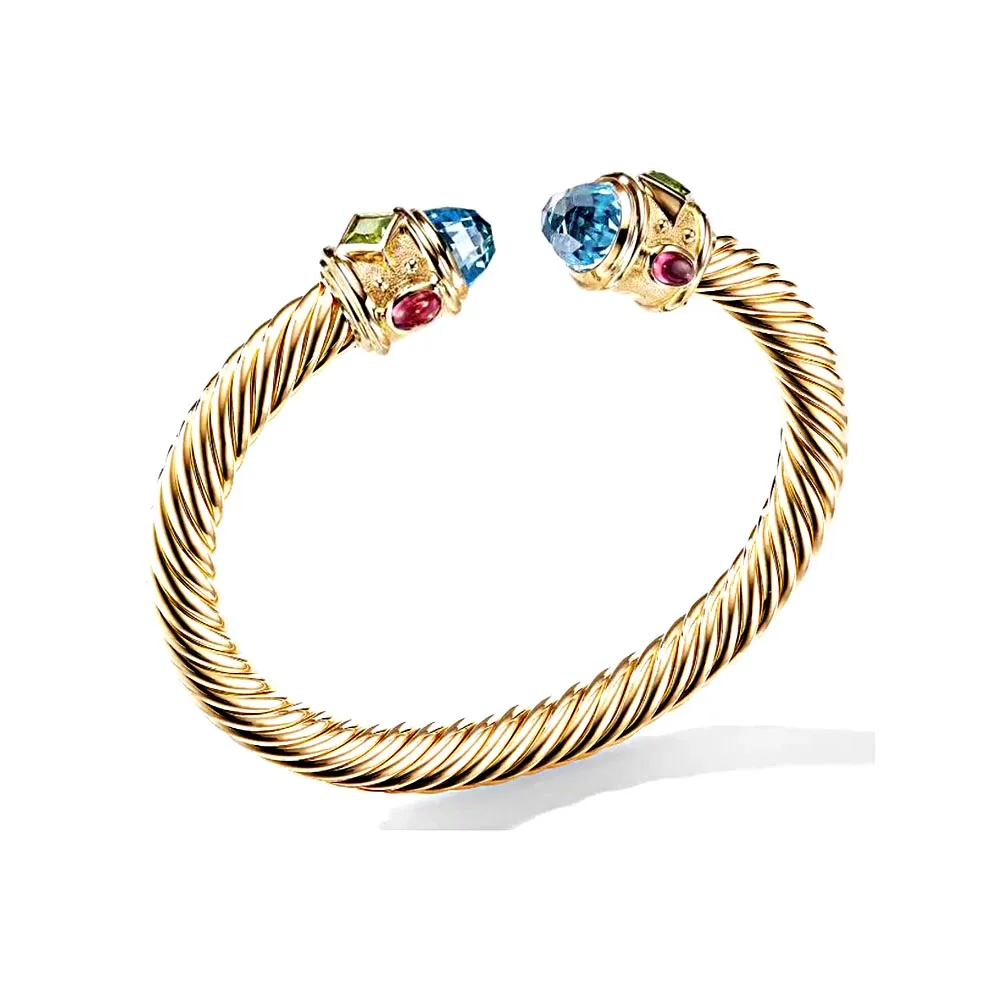 Royal Gemstone Diamond Twisted Rope Wire Enamel Stainless Steel Open Bracelet