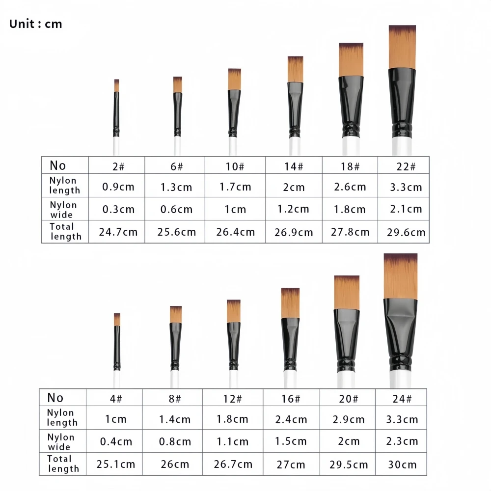 Keep Smiling 12 Pcs Pearl White Barrel Nylon Oil Flat Hair Shape With Wood Handle Artist Painting Brush