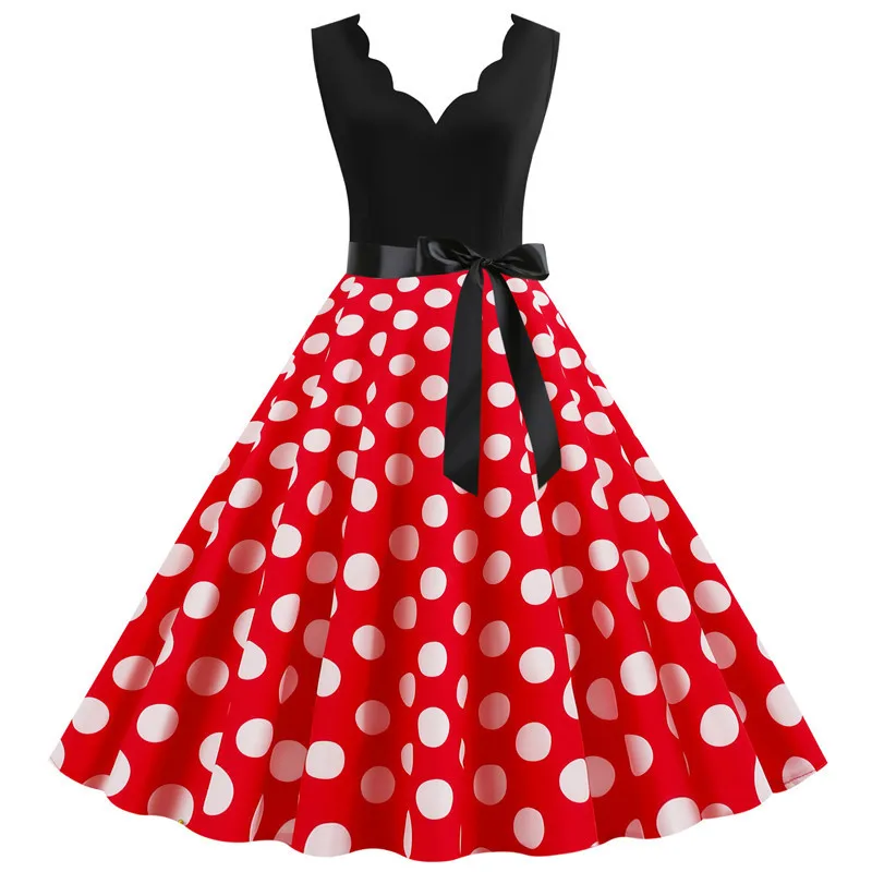 Woman Retro Summer Dresses Audrey Hepburn 50s 60s Rockabilly V-neck Polka Dot Bow Pinup Ball Grown Party Robe Plus Size Vestidos