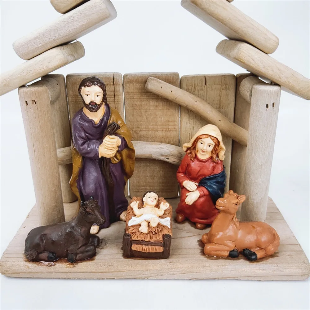 Christmas Nativity Set with Wooden Stable and Polyresin Figurines