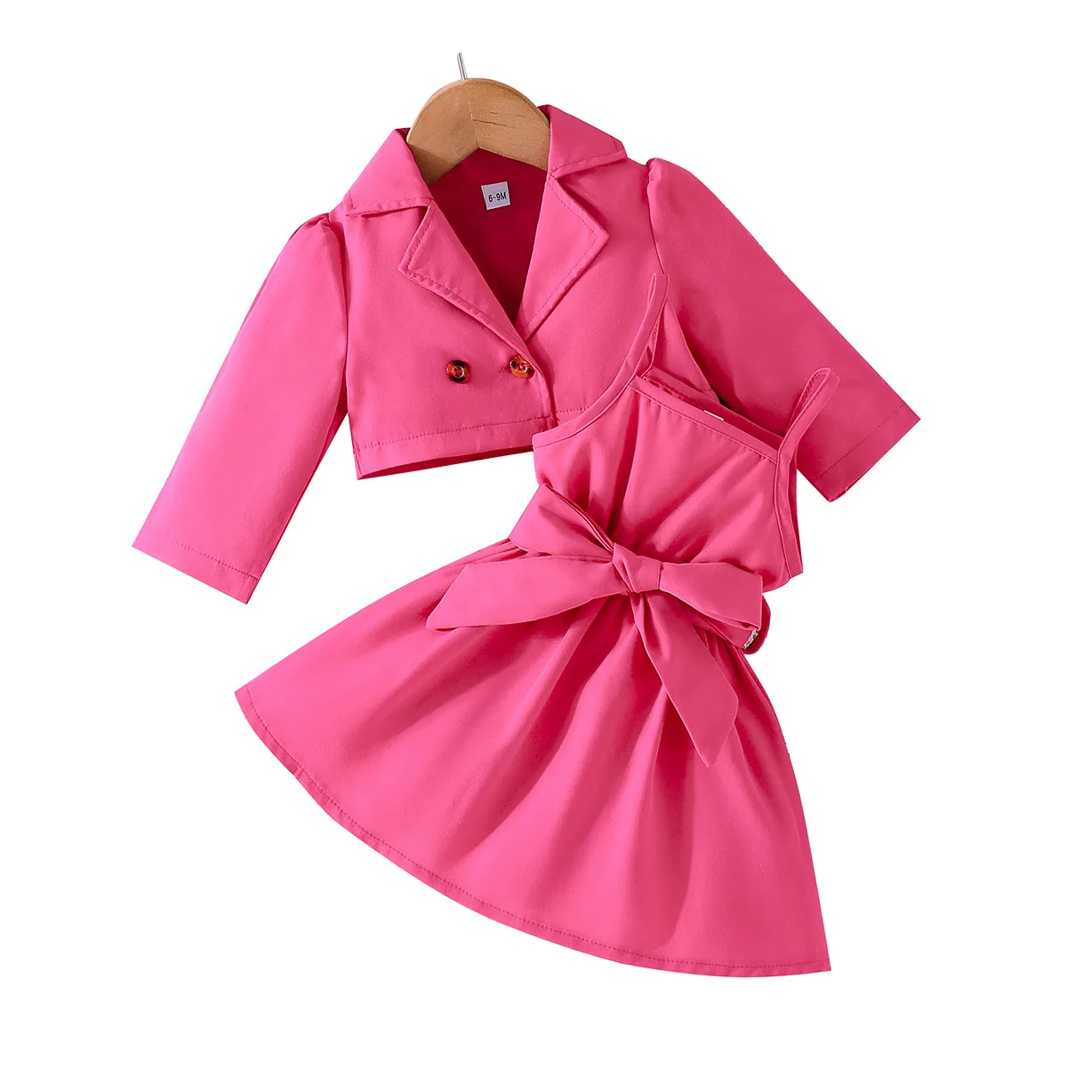 31539 2023 New Arrival Toddler Girls Clothing Sets Sleeveless One-piece Girls Dresses+lapel Coat Solid Children Outfits Clothes