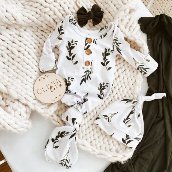 Casual fashion little leaves bamboo fiber all over print baby gown