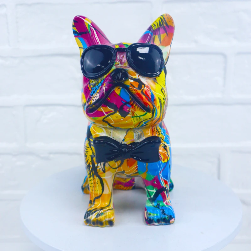 Creative Water Transfer Printing Resin Bulldog Sculpture Colorful French Bulldog Statue With Sunglasses Home Decor
