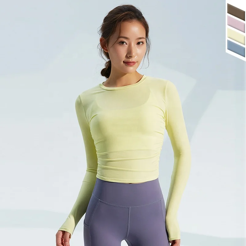 Hot Sale Activewear Top Lightweight Tops Fitness Mujer Breathable Spandex Side Drawstring Yoga Shirt Long Sleeve