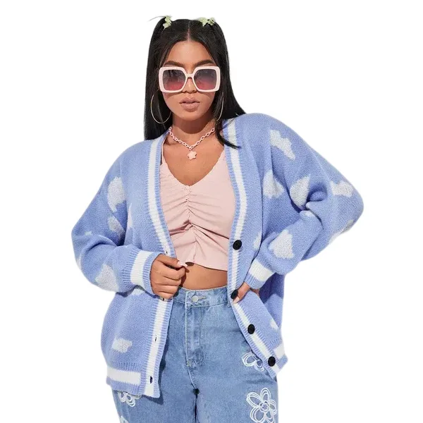 Comfortable Sweaters Plus Cloud Pattern Drop Shoulder Button Front Cardigan Warm Sweaters For Women