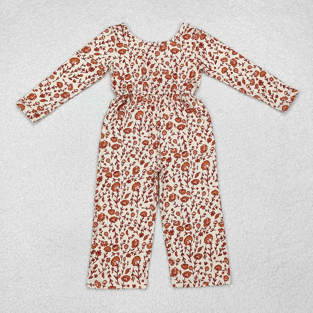 RTS Baby Girls Toddler Light Brown Small Flowers Long Sleeve Boutique Bell Bottom Infant Children Kids Buttons Jumpsuits Rompers