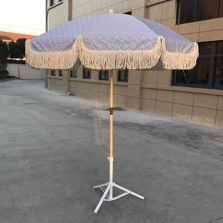 dia 200cm wooden pole garden parsol umbrella with tassels beach umbrella for outdoor parasol