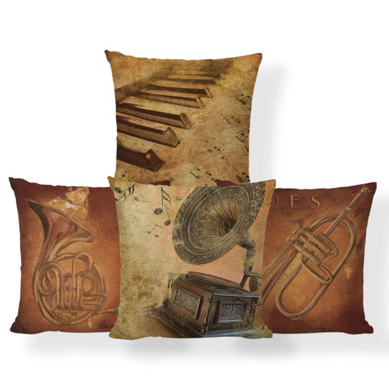Wholesale Musical Instrument Cushion Covers Violin Retro Set Of 5 Zipper Flax Linen Piano Pillowcases Trumpet Wedding Toddler