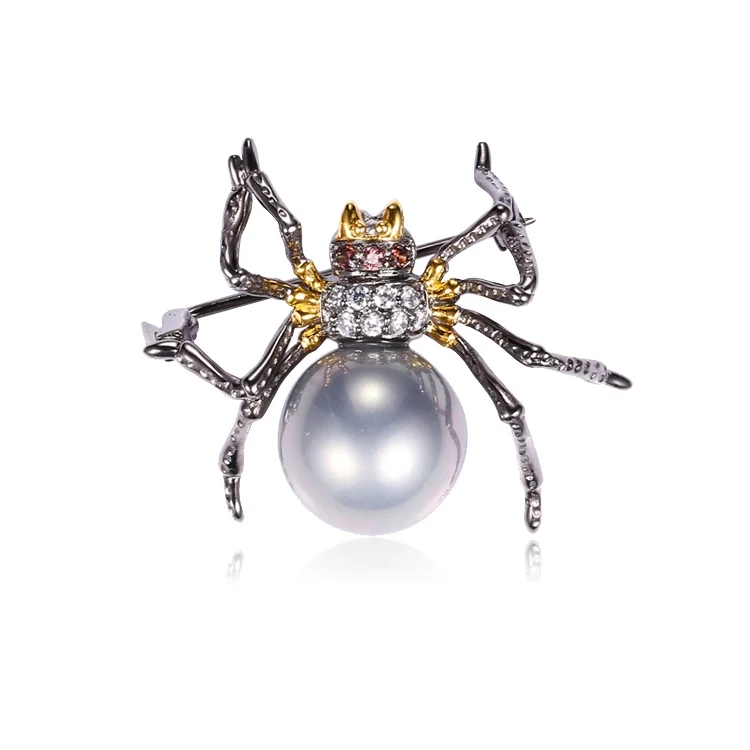 Special Faberge Spider Design 925 Silver Animal Brooch with Shell Pearl