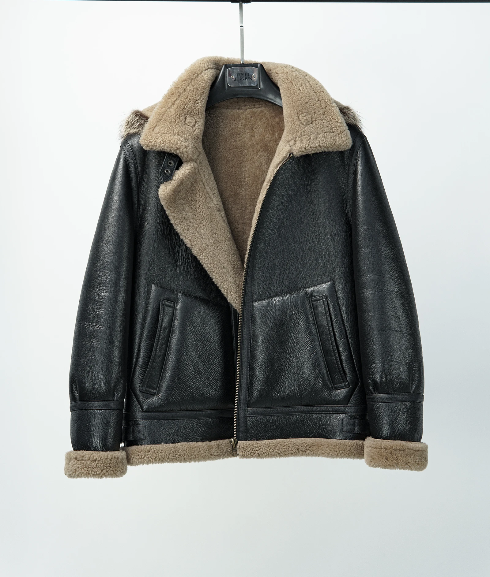 NAFA Customize Mens Racoon Decoration Removable Hood Sheepskin Shearling Coat with Customize Size