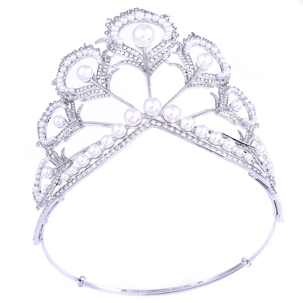 Tall crown big tiaras and pearl rhinestone feather wedding hair accessories pageant crowns for women and girls