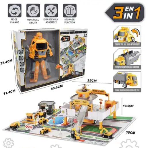 3 In 1 Transform Robot Toy Engineering Container Deformation Truck Diy Assembly Garage Parking Lot With Alloy Car