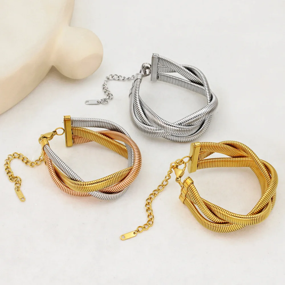 Trending Products 2024 New Arrivals Stainless Steel Jewelry Colorfast 8MM 3 Snake Chain Stretch Bracelet Twine  For Man Woman