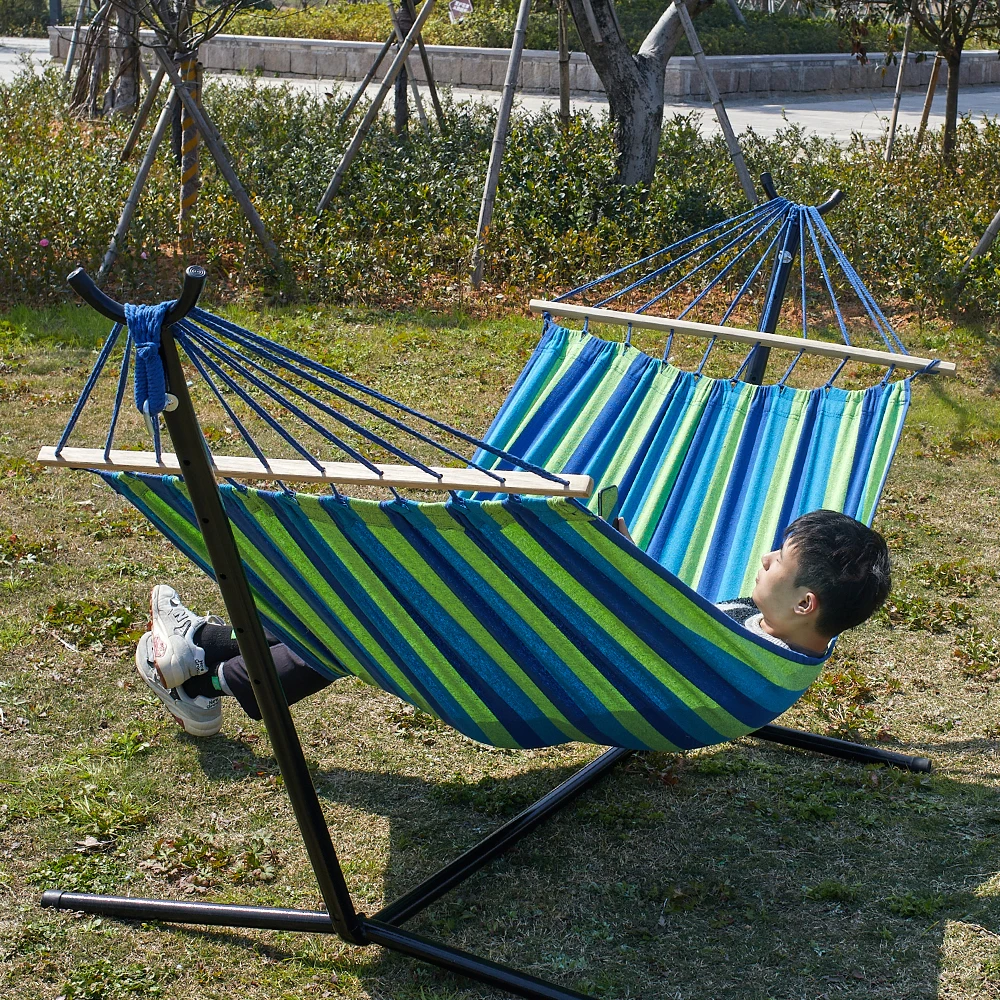 150*200CM Portable Camping Hammock With Wood Bar Outdoor Canvas Material Hammock  With 12ft steel stand