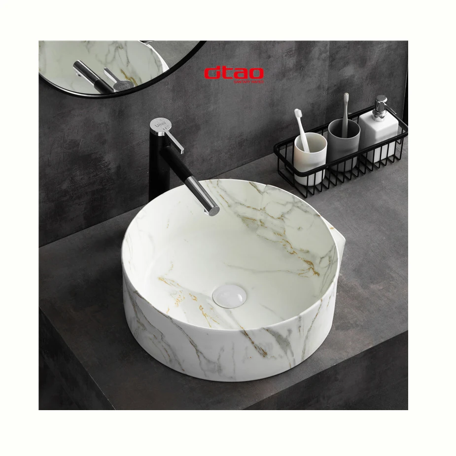 High quality countertop marble wash basin round sinks bowl art basin white ceramic marble bathroom sink