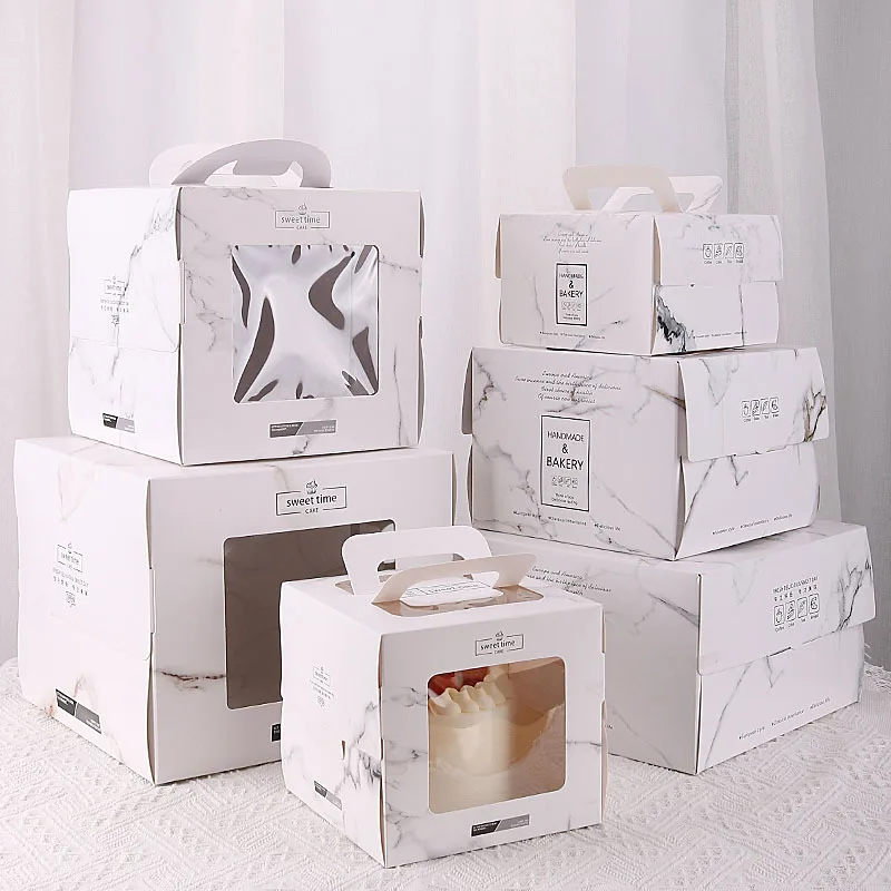 Wholesale 4 6 8 inch handmade white sweet time pastry box bakery paper cake box with window handle