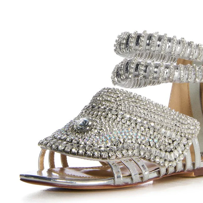 Roman Styles Footwear Silver Diamonds Flat Sandals Women Back  Zipper Flat Heels Girls