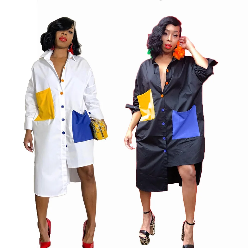 Autumn Clothing Women Patchwork Dress Women Button Down Dress Long Sleeve Shirt Dress