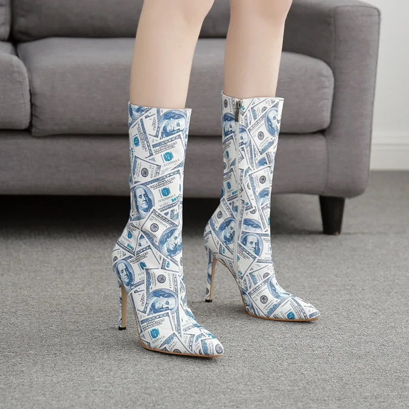 Ботильоны женские на высоком каблуке пикантные модные полусапожки молнии сбоку с принтом денежных купюр заостренный носок осень/зиму