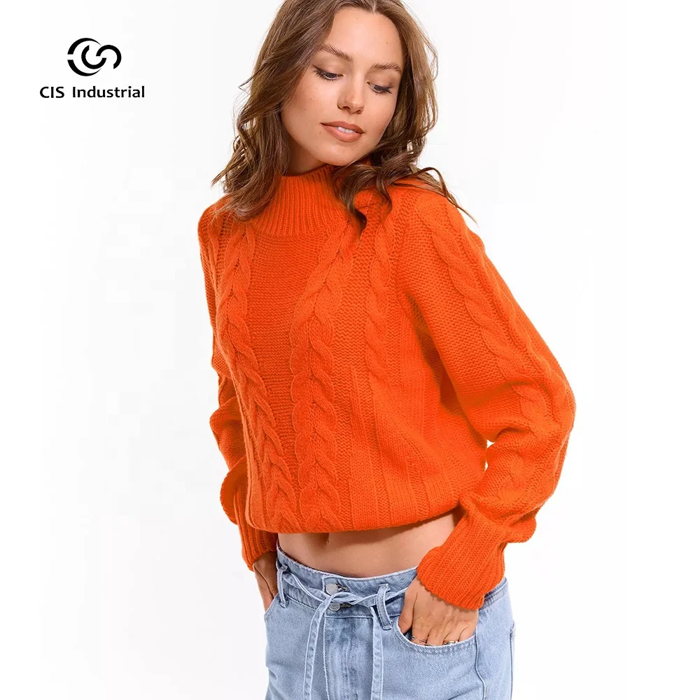 Luxury knitwear manufacturers high quality heavyweight sweaters cashmere women orange  twist texture pullover sweater custom