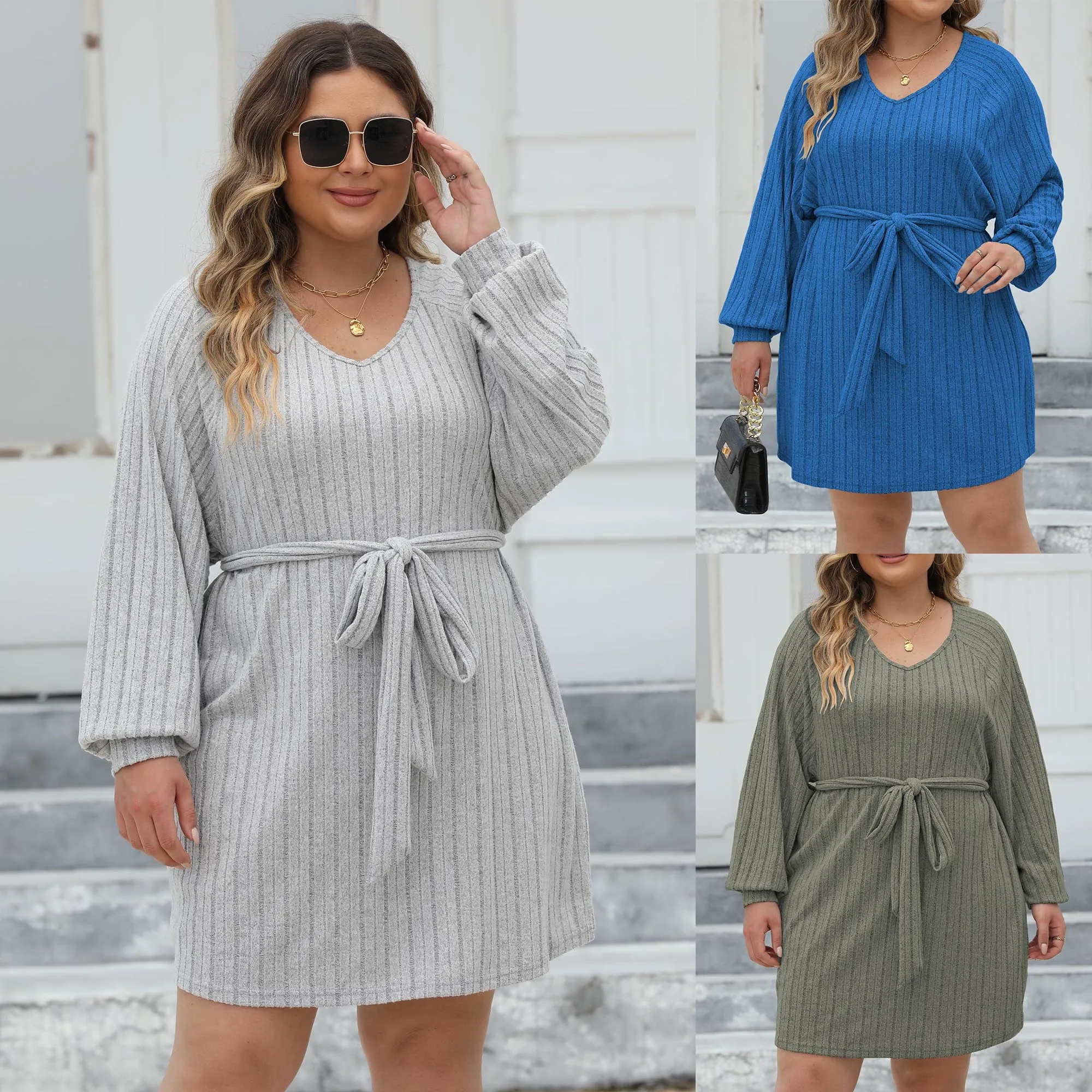 Factory Custom Oversized Casual dresses Boho With High Quality  plus size Knit Sweater Women Clothing Boucle Belted Soft Dress