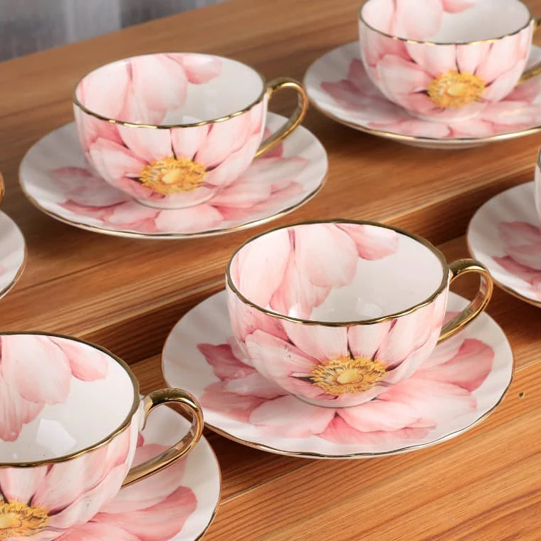 Russian 200ml modern pink printed large tea cup and saucer sets bone china royal albert floral tea cup set with gold rimmed
