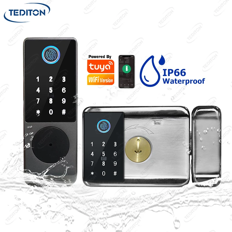 Tediton IP66 Waterproof Remote Control Tuya Smart App Password Code Card Rim Double Sided Fingerprint Smart Door Lock