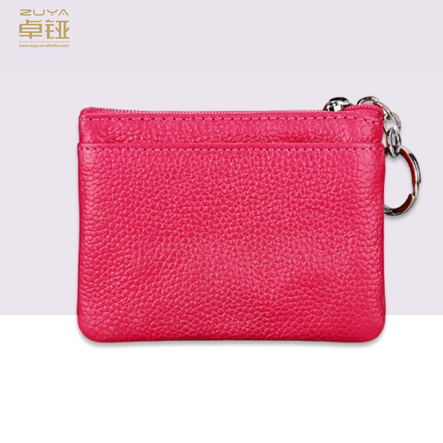 Personalized Mini Genuine Cow Leather Clutch Bag Zipper Coin Purse with Key Chain