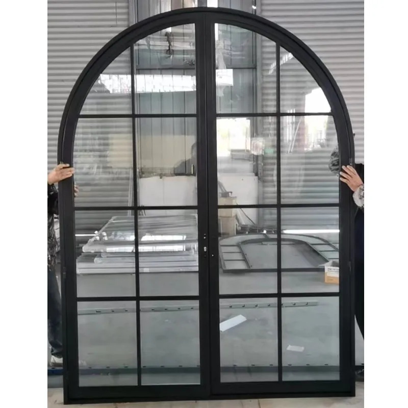 Top Design Beautiful Grids Arched Glass Crittal Style Steel Sound Insulation Arch Fluted Wrought Iron Interior Door