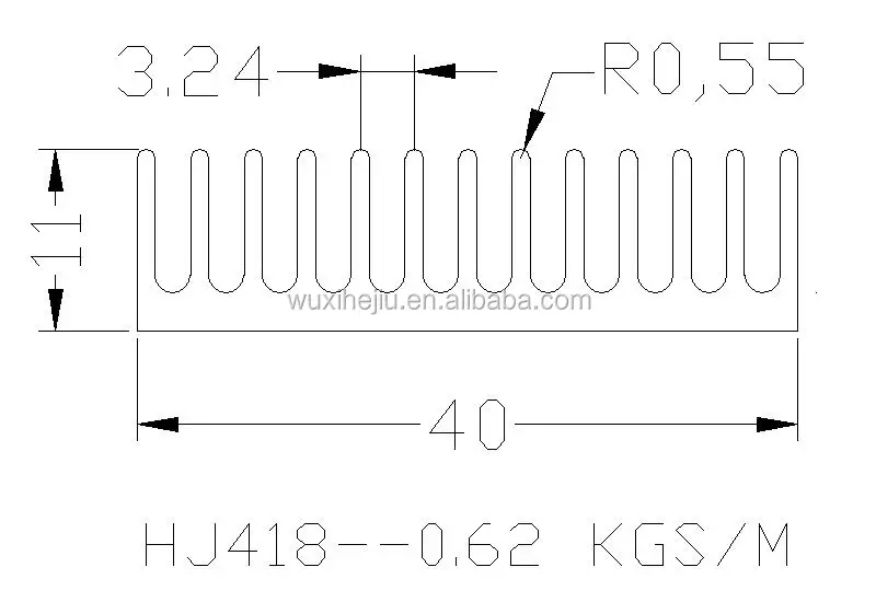 Aluminum heatsink extrusion extruded heatsink profile 40(W)*11(H)mm