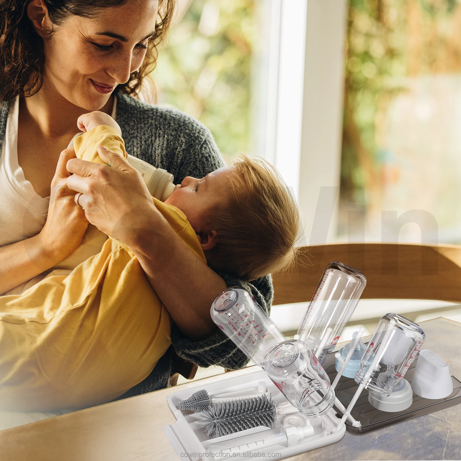 Patented products 6 in 1 silicone baby bottle brush cleaner set baby bottle drying rack holder for hands free feeding