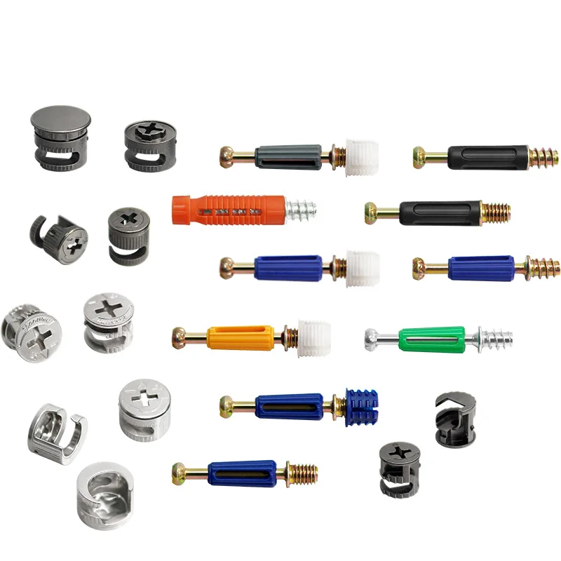 New listing GQK Furniture Fitting Mini Fix Cam 3-1 Connector Full Set Excentric Cam Rod Bolt Plastic Dowel Pre-Inset Cabinets