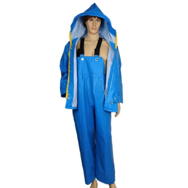 sea water proof durable pvc rain bib pants trousers jacket overalls blue commercial fisherman raincoat