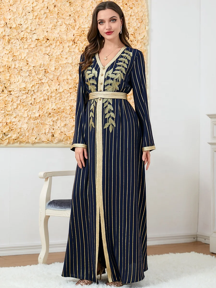 2023 Fashion Elegant Leaf Embroidered Muslim Dubai Abaya for Women Black Turkish Dubai Kaftan Party Evening Belted Arabic Dress