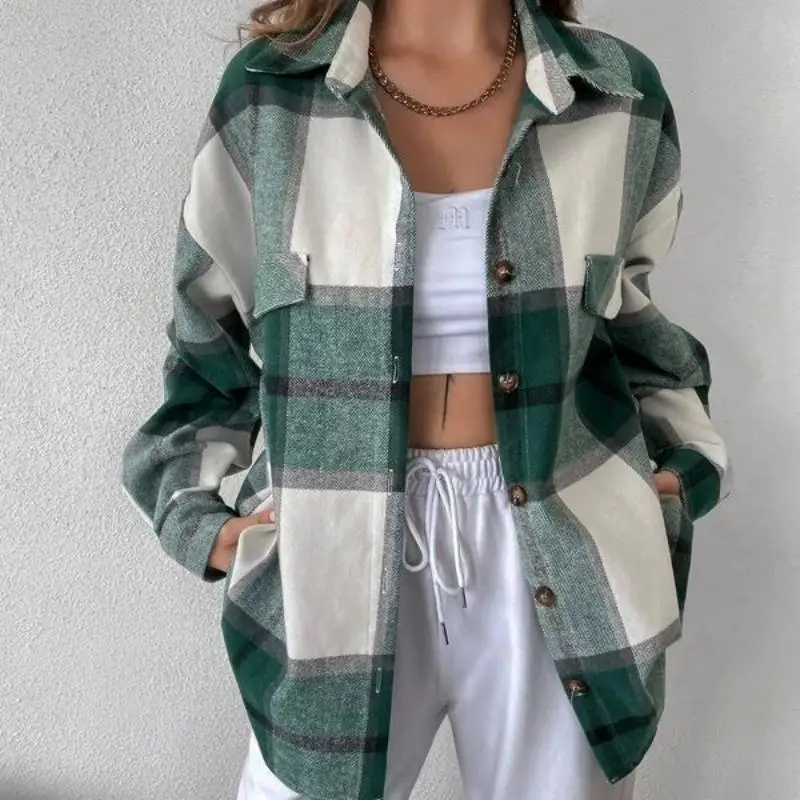 Vintage Women Clothing Latest Long Sleeve Loose Tops Pocket Button Up Plaid Coat