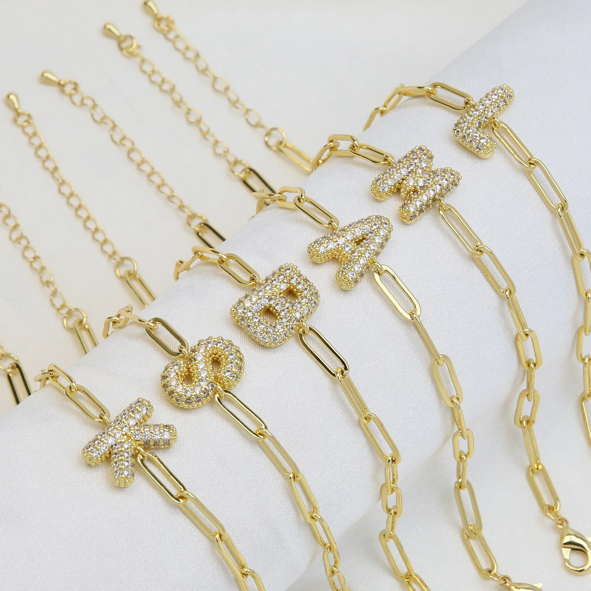 New Models Zircon Balloon Letter Chain Bracelets Gold Bubble Initial Paperclip Chain Bracelets for Women Teen Girls