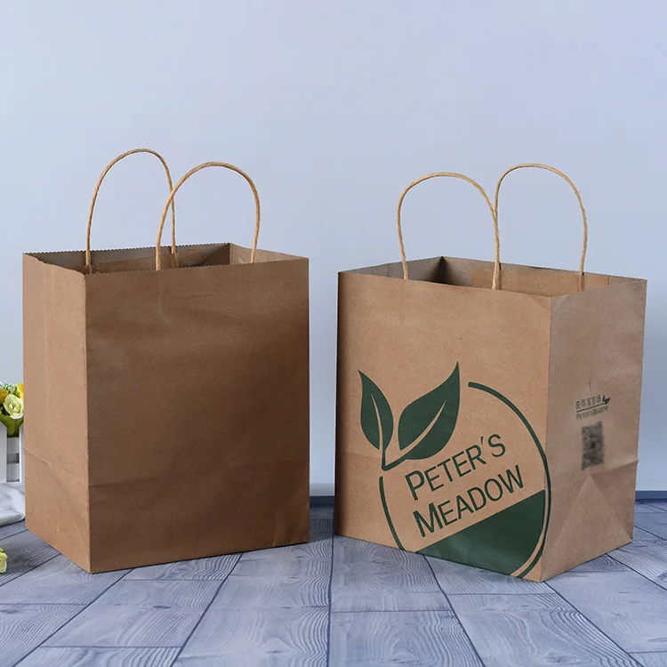 Wholesale restaurant fast food packaging paper bag with your own logo Brown Kraft Paper Bags With Handle