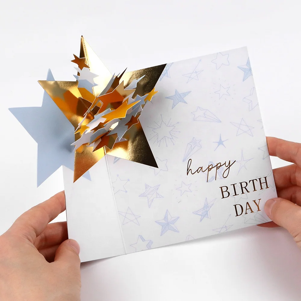 Novelty Fun Handmade Gold Foil Crafts 3D Pop Up Happy Birthday Greeting Cards with Envelope Custom Printing