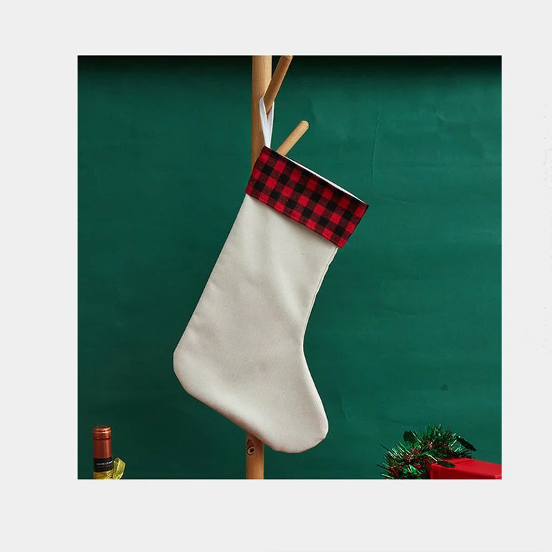 Custom Sublimation Blank Christmas Stock Linen Plaid Sublimation Christmas Stockings