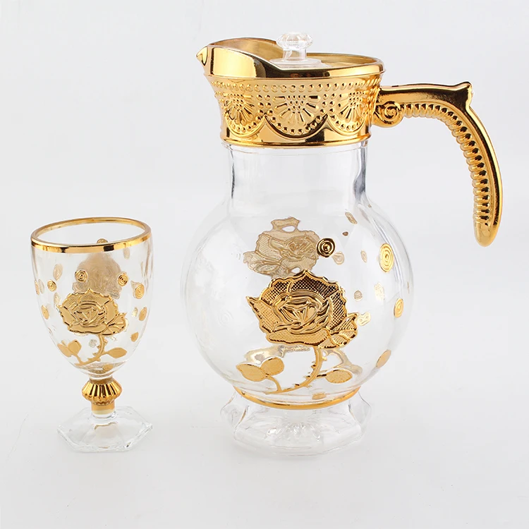 New Wholesale Golden Water Jug Glass Water Set 7pcs glass tumbler jug Pitcher Set With Lid glass water set