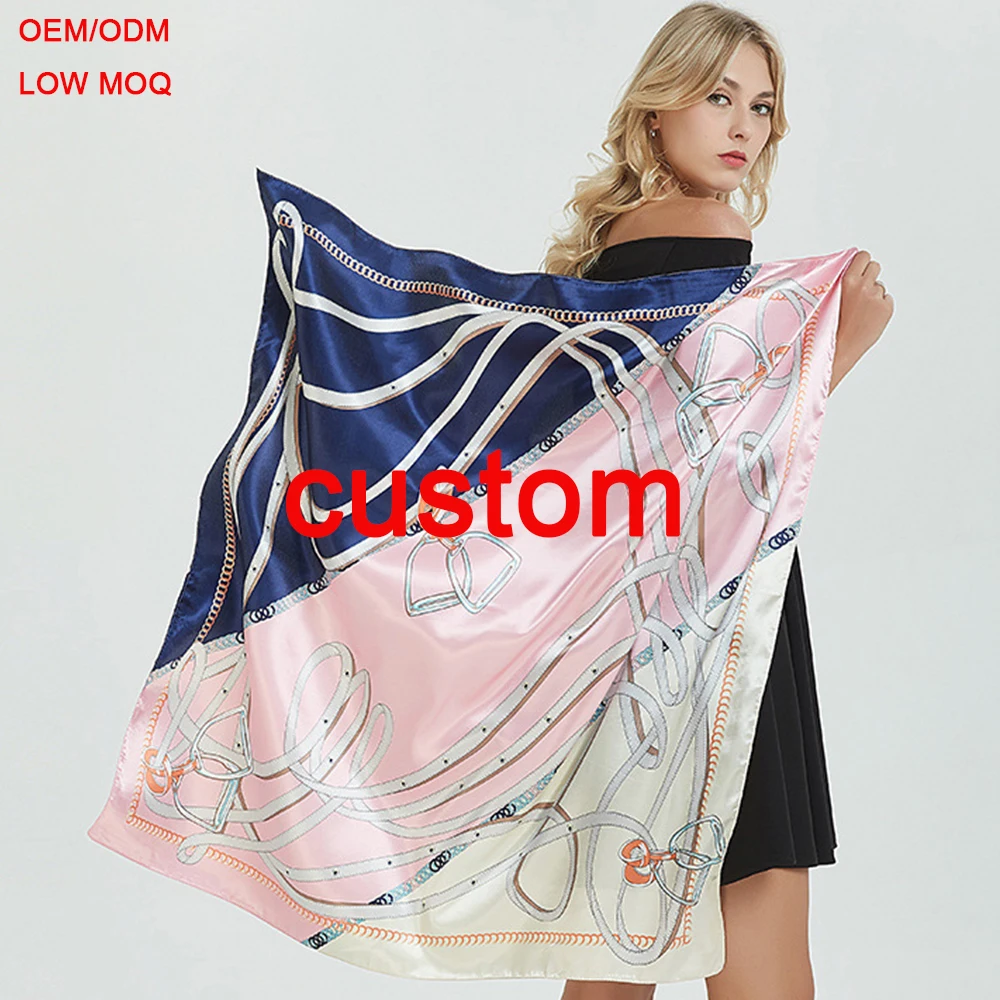 Custom big women digital printing satin pure silk scarf 90*90 cm hair square polyester ethicon soie scarves ladies BB