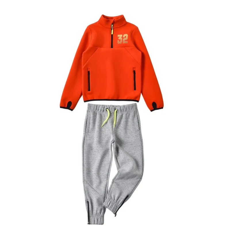 Custom Orange Children Boys Quarter Zip Long Sleeve Top Jogger Sweatshirt Set