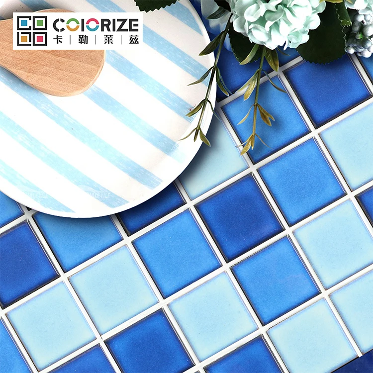Colorize Hot Sale Custom Des ign Square Kiln Vary Blue Ceramic Porcelain Swimming Pool Mosaic Tile Blues Ceramic Mosaics