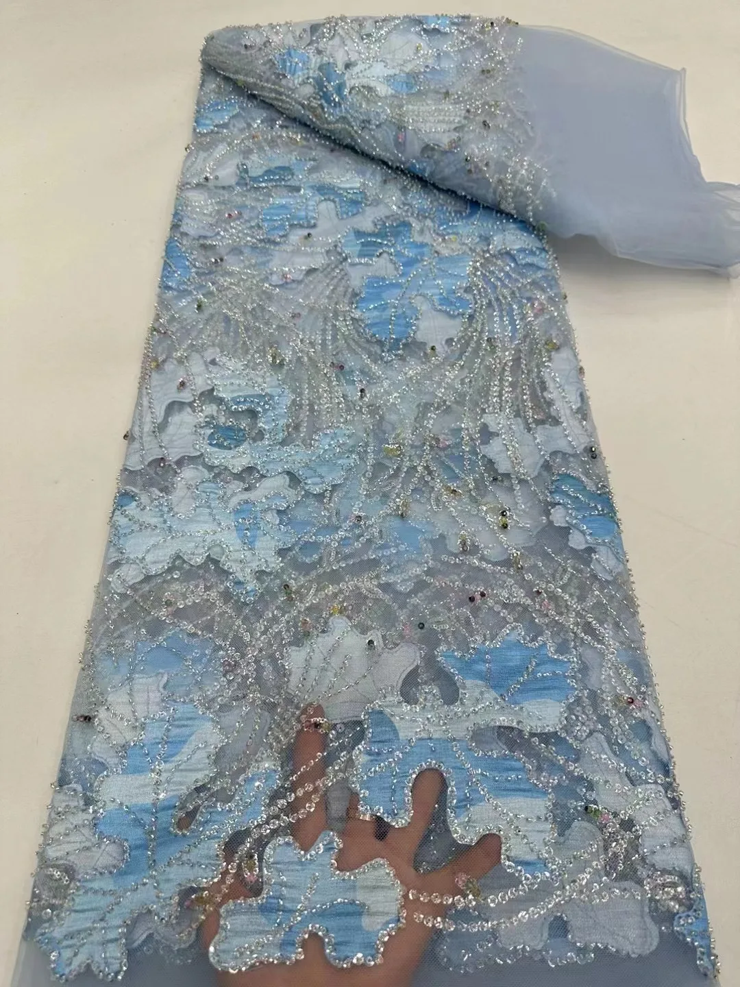 NI.AI Luxury Lace Fabric Colorful Sequence Net Lace Embroidery Satin Lace Sequin Fabric For Wedding Dress